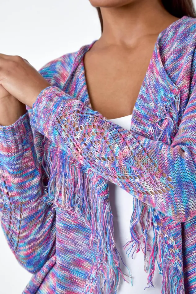 Purple Fringe Detail Waterfall Cardigan Women Roman Knitwear