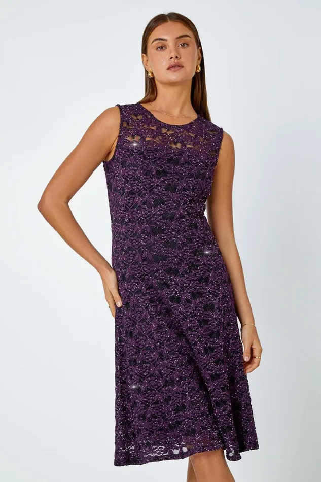 Purple Sleeveless Glitter Lace Stretch Dress Women Roman Dresses