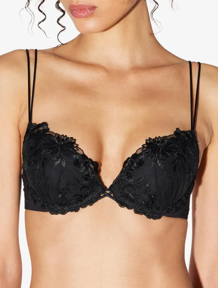 Pushup Bra In Black Lycra With Embroidered Tulle Lingerie La Perla Padded