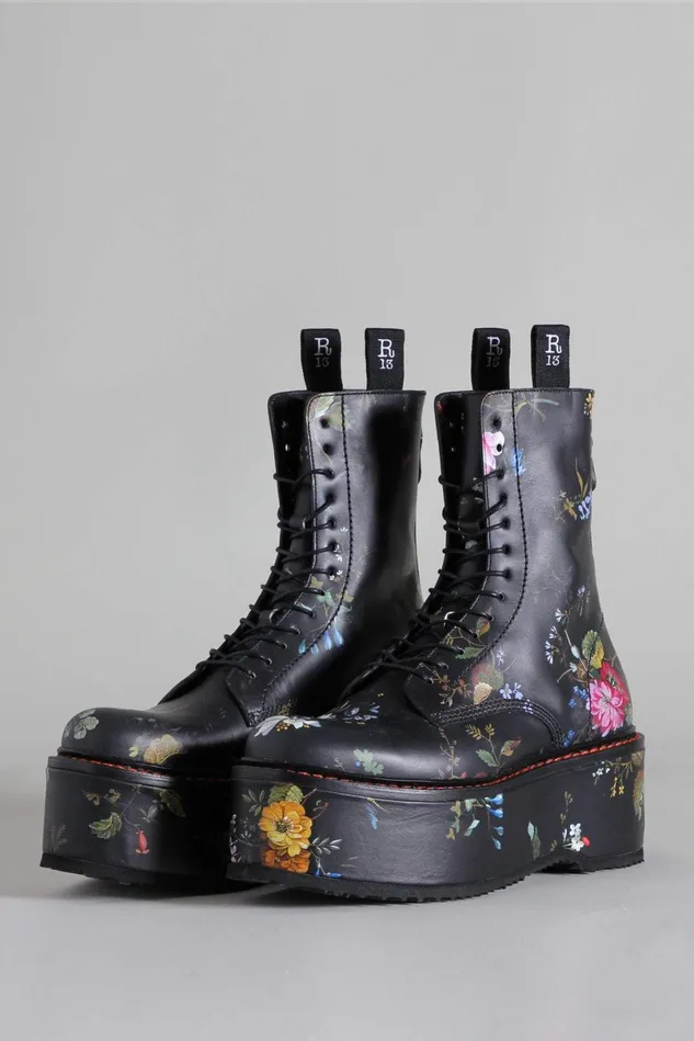 R13 Boots Women Double Stack Boot 8211 Black Floral