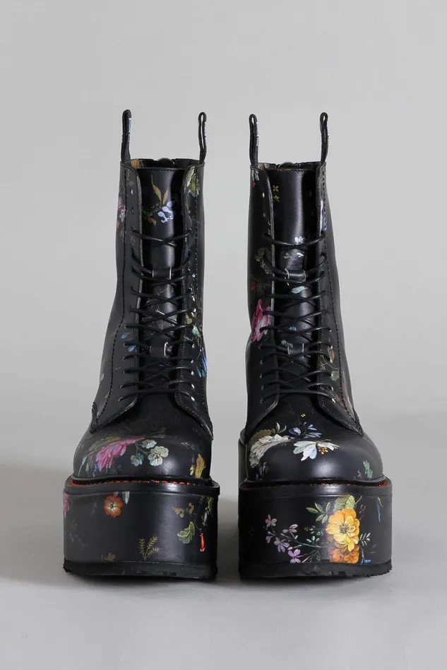 R13 Boots Women Double Stack Boot 8211 Black Floral