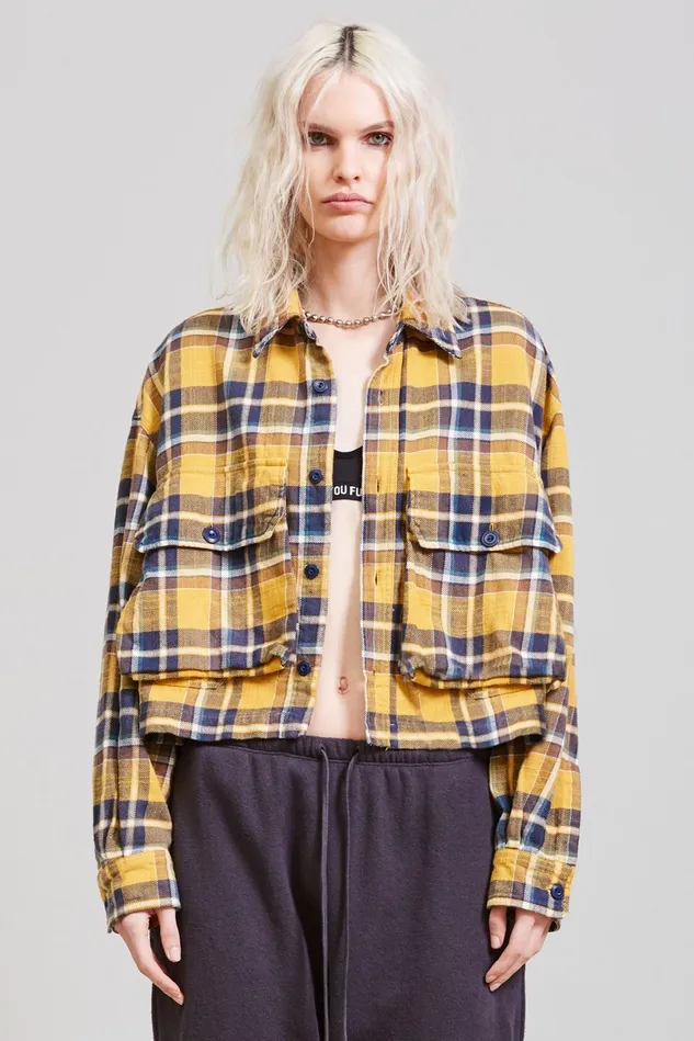 R13 Tops Women Oversized Cropped Shirt 8211 Yellow Plaid