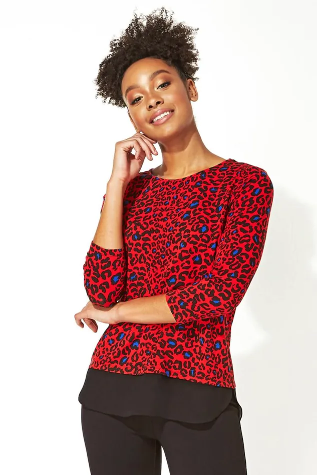 Red Chiffon Hem Animal Print Top Women Roman Tops