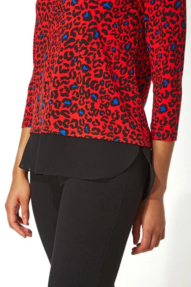 Red Chiffon Hem Animal Print Top Women Roman Tops