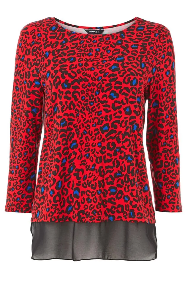 Red Chiffon Hem Animal Print Top Women Roman Tops