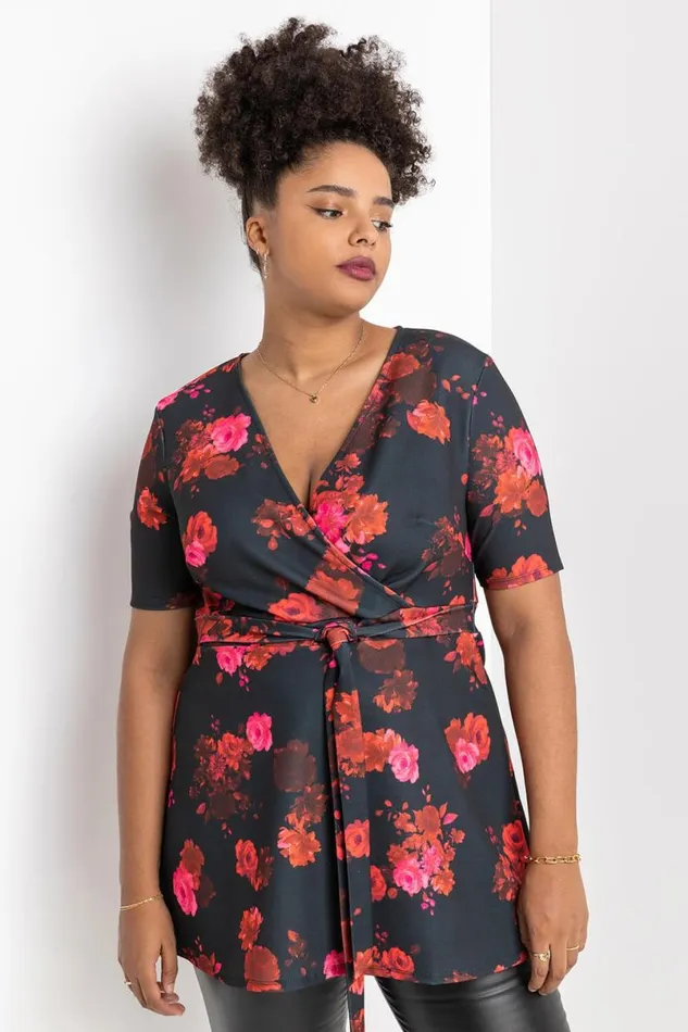 Red Curve Floral Print Wrap Top Women Roman Tops