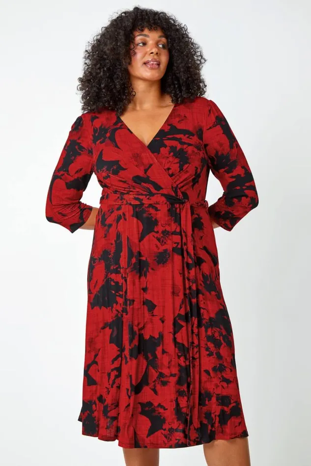 Red Curve Floral Wrap Stretch Midi Dress Women Roman Dresses