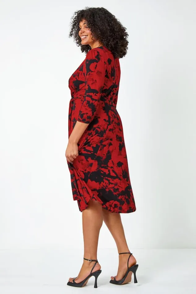 Red Curve Floral Wrap Stretch Midi Dress Women Roman Dresses