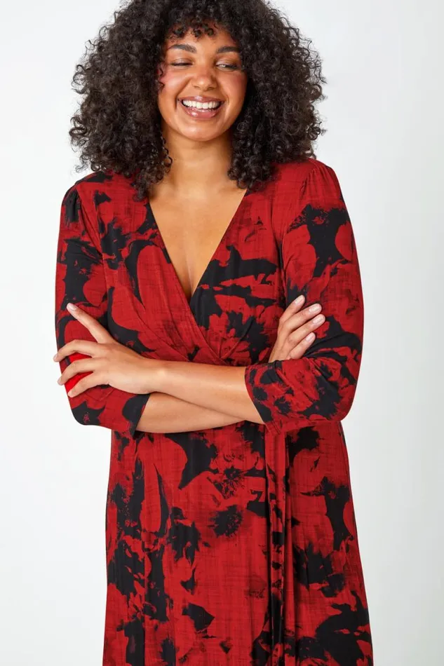 Red Curve Floral Wrap Stretch Midi Dress Women Roman Dresses