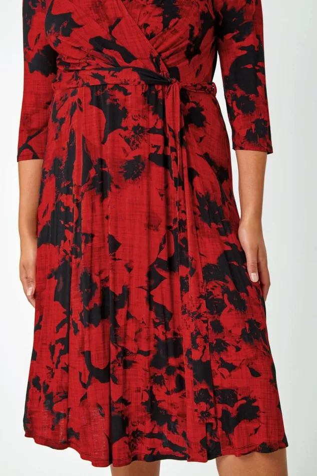Red Curve Floral Wrap Stretch Midi Dress Women Roman Dresses