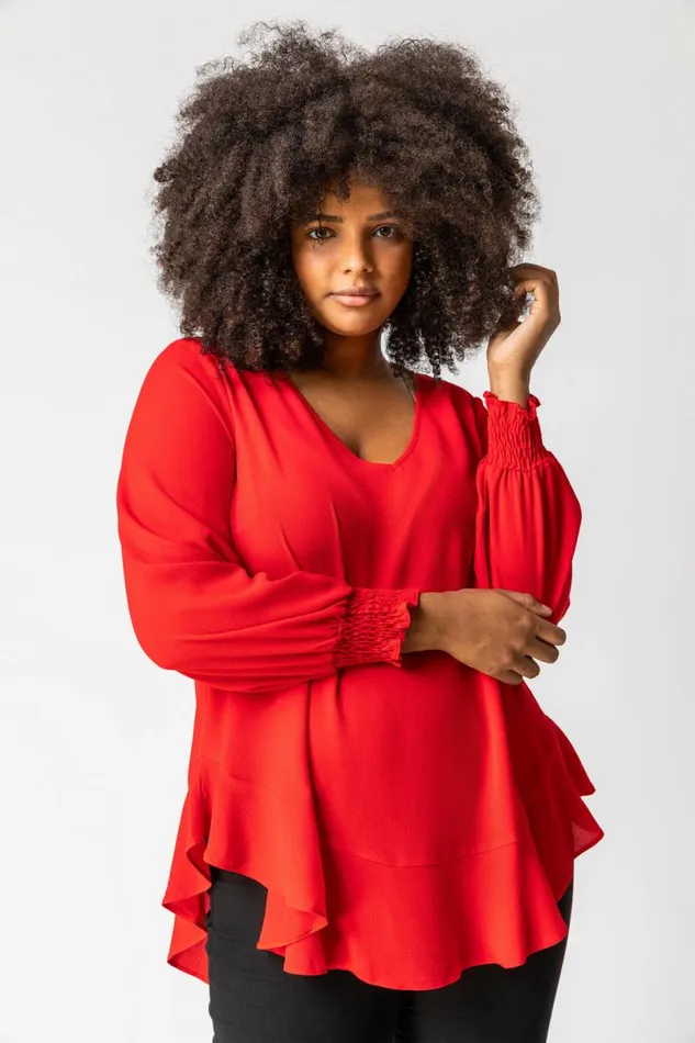 Red Curve Frill Hem Shirred Long Sleeve Chiffon Top Women Roman Tops