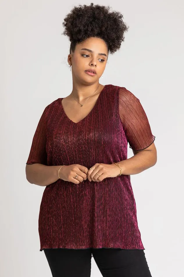 Red Curve Metallic Plisse Top Women Roman Tops