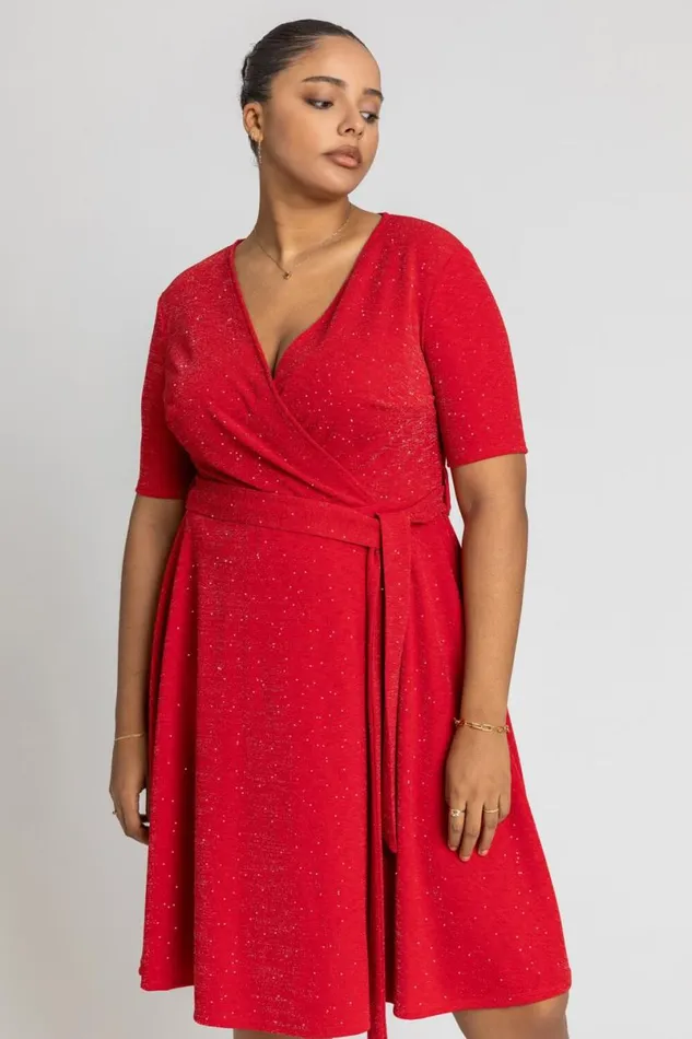 Red Curve Shimmer Wrap Dress Women Roman Dresses