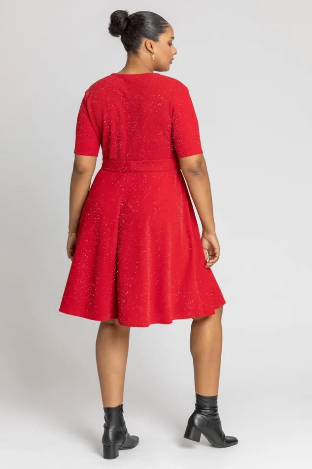 Red Curve Shimmer Wrap Dress Women Roman Dresses