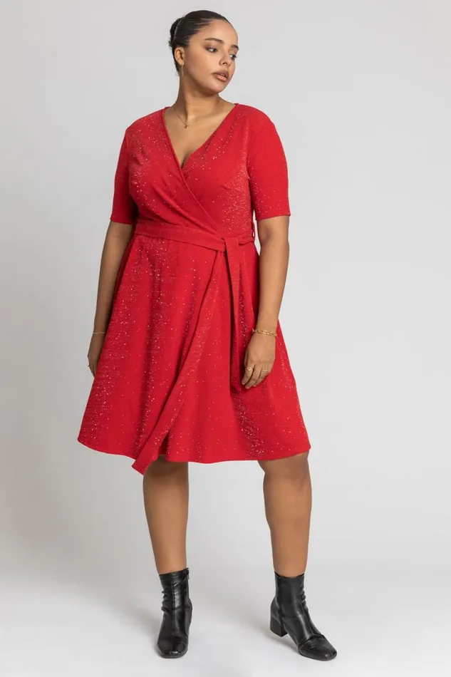 Red Curve Shimmer Wrap Dress Women Roman Dresses
