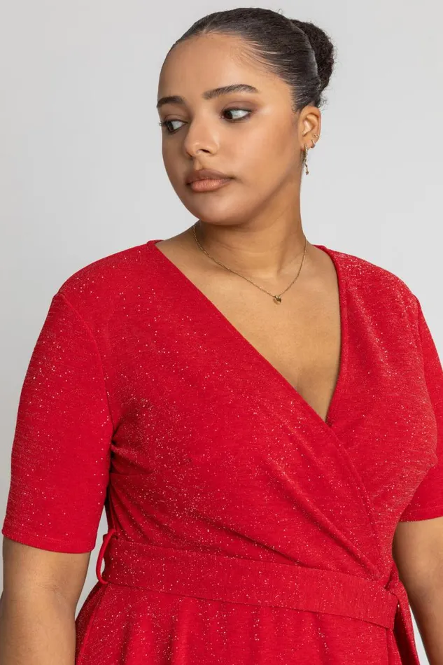 Red Curve Shimmer Wrap Dress Women Roman Dresses