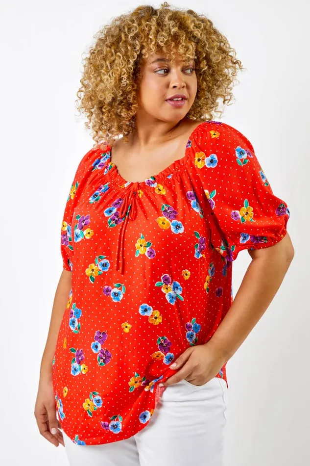 Red Curve Spot Floral Print Sweetheart Neck Top Women Roman Tops