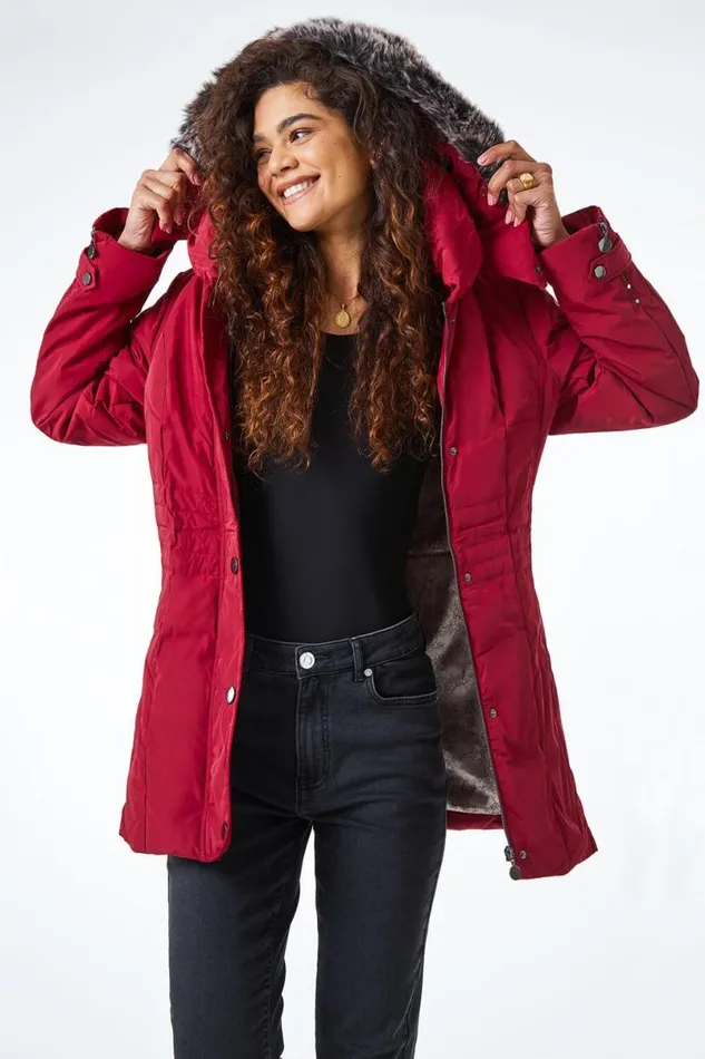 Red Faux Fur Trim Hooded Coat Women Roman Coats