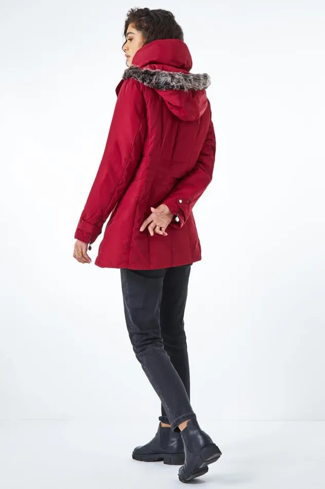 Red Faux Fur Trim Hooded Coat Women Roman Coats