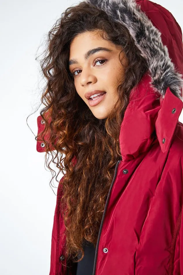 Red Faux Fur Trim Hooded Coat Women Roman Coats