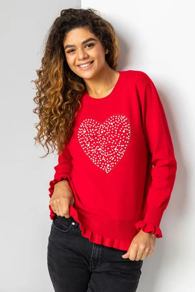Red Faux Pearl Embellished Heart Jumper Women Roman Knitwear