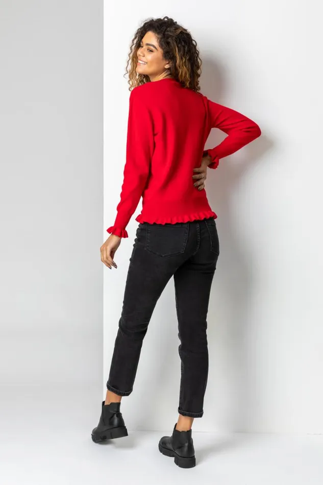 Red Faux Pearl Embellished Heart Jumper Women Roman Knitwear