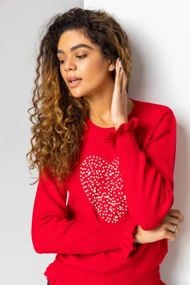 Red Faux Pearl Embellished Heart Jumper Women Roman Knitwear