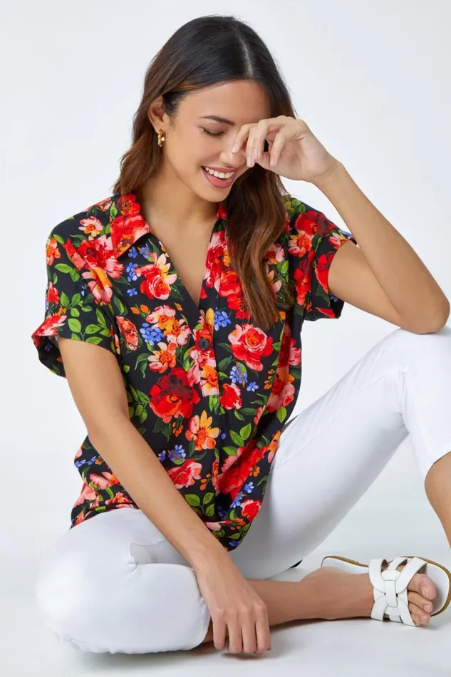 Red Floral Button Short Sleeve VNeck Shirt Women Roman Tops