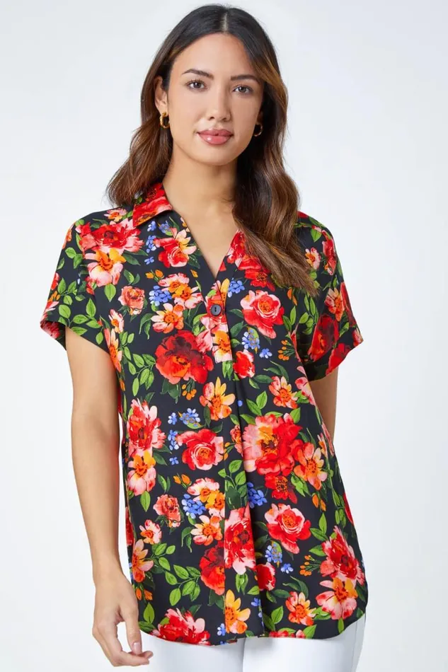Red Floral Button Short Sleeve VNeck Shirt Women Roman Tops
