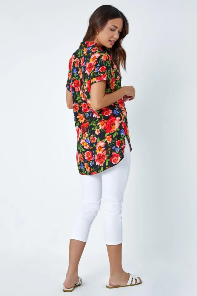 Red Floral Button Short Sleeve VNeck Shirt Women Roman Tops