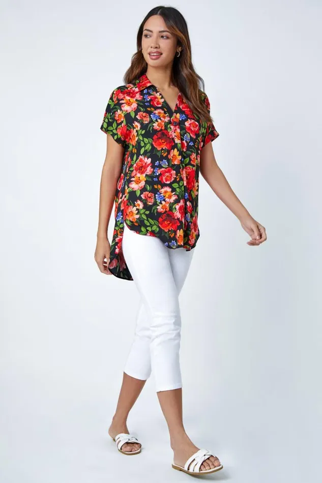 Red Floral Button Short Sleeve VNeck Shirt Women Roman Tops