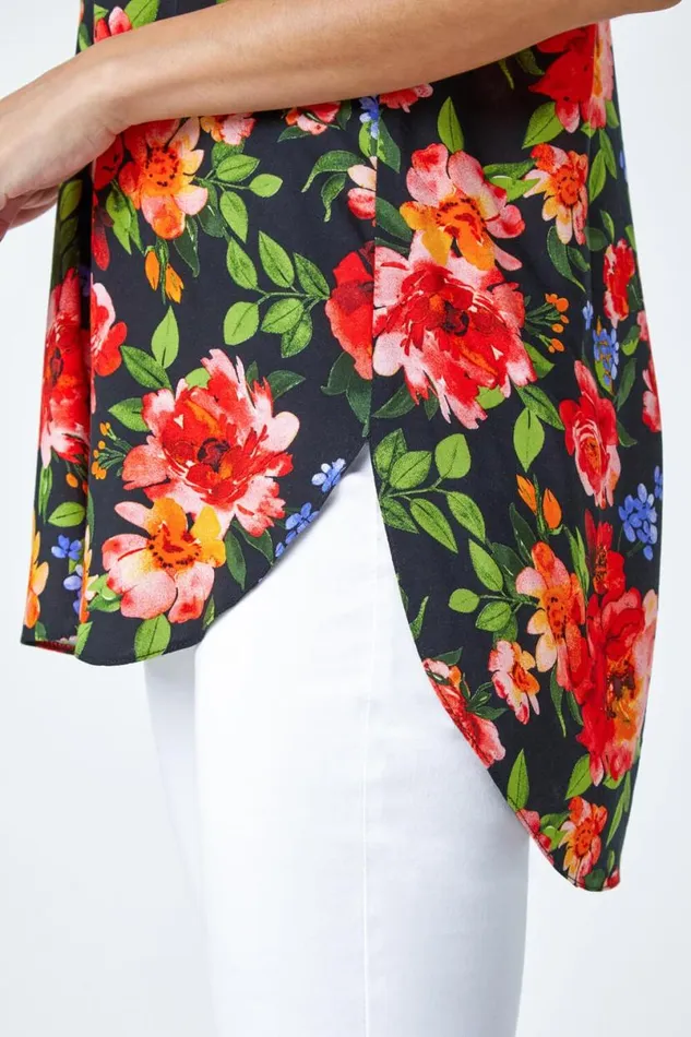 Red Floral Button Short Sleeve VNeck Shirt Women Roman Tops