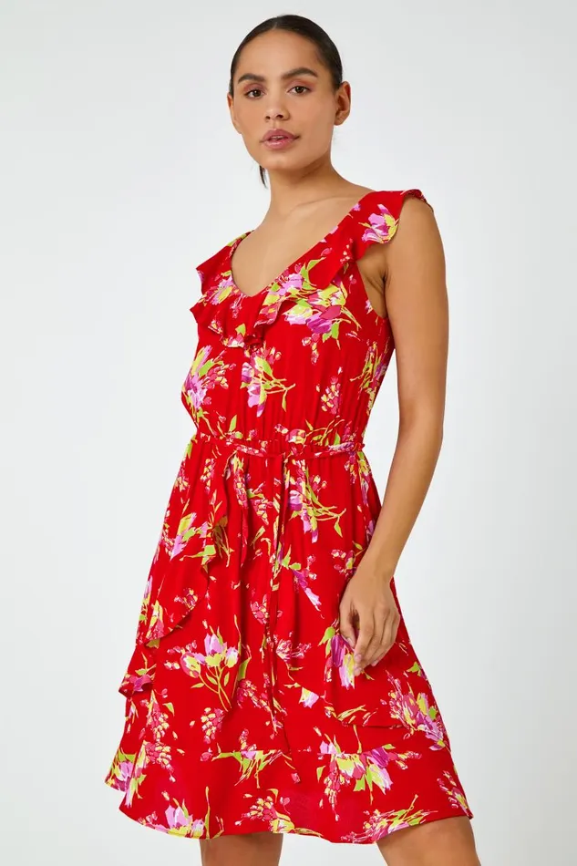 Red Floral Frill Detail Fit and Flare Dress Women Roman Dresses