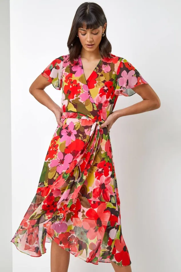 Red Floral Print Wrap Midi Dress Women Roman Dresses