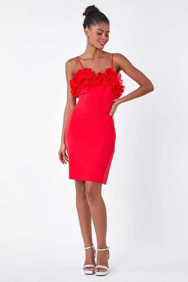 Red Frill Detail Stretch Dress Women Roman Dresses