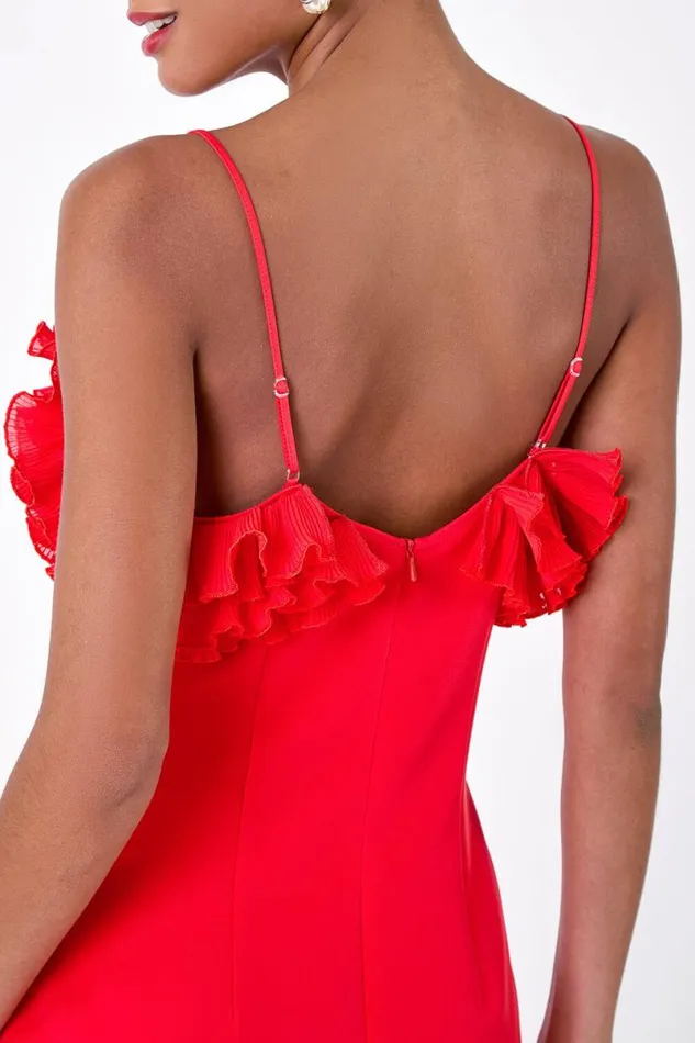 Red Frill Detail Stretch Dress Women Roman Dresses