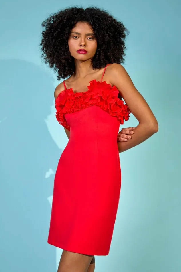 Red Frill Detail Stretch Dress Women Roman Dresses