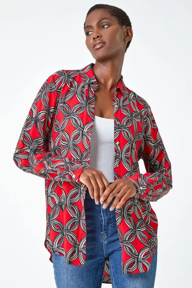 Red Geometric Print Button Blouse Women Roman Tops