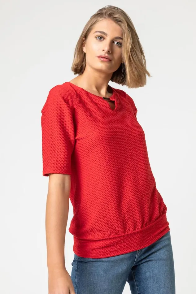 Red Keyhole Neck Textured Top Women Roman Tops