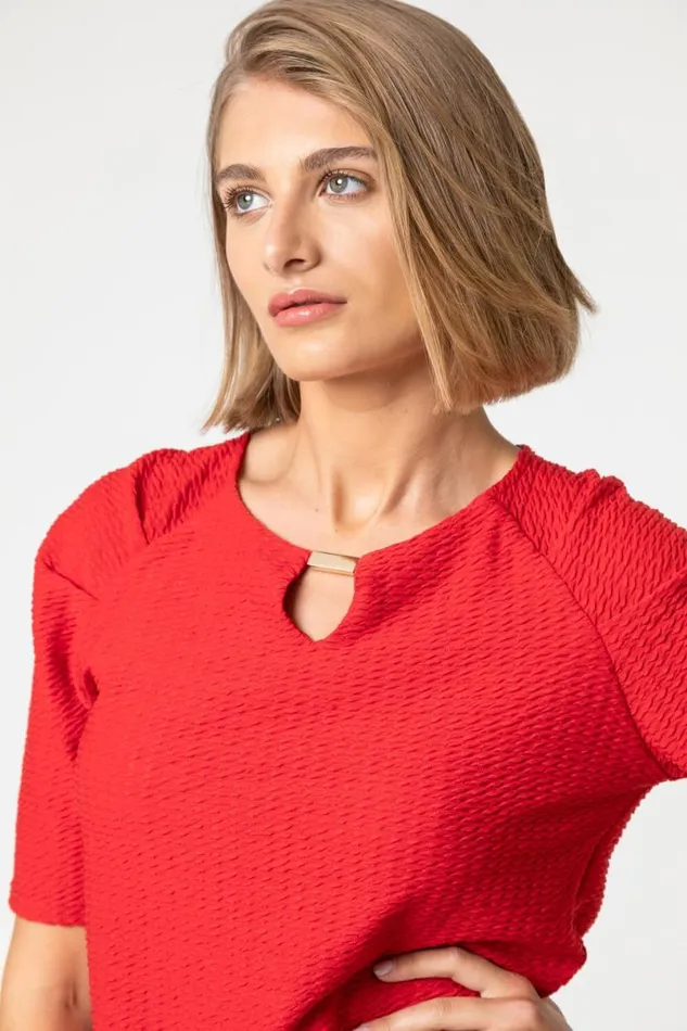 Red Keyhole Neck Textured Top Women Roman Tops