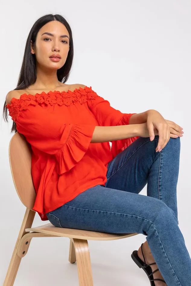 Red Lace Trim Bardot Top Women Roman Tops