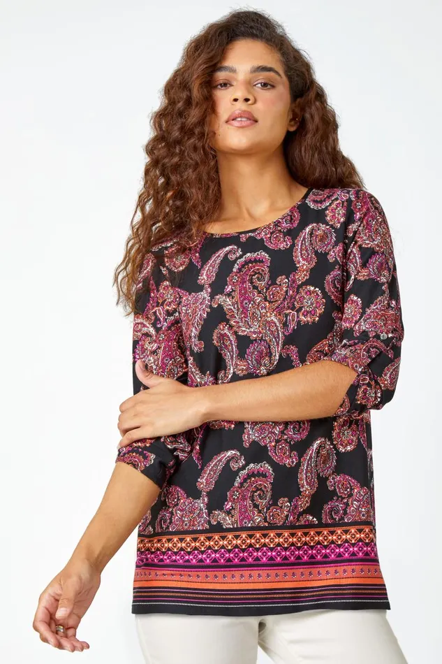 Red Paisley Border Print Stretch Tunic Top Women Roman Tops