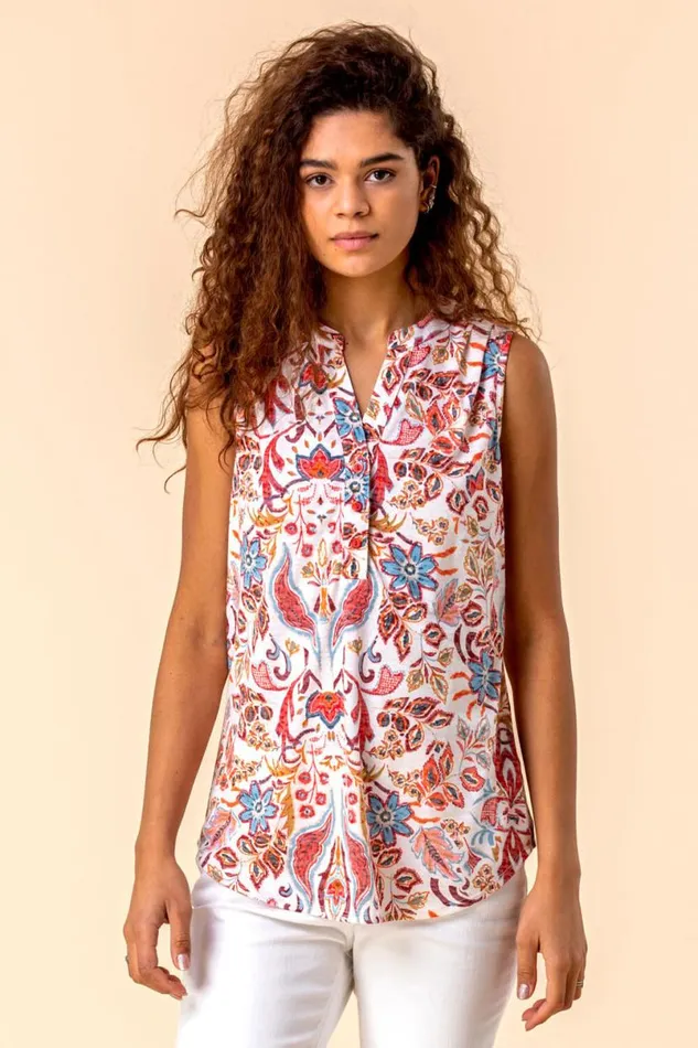 Red Paisley Floral Print Sleeveless Top Women Roman Tops