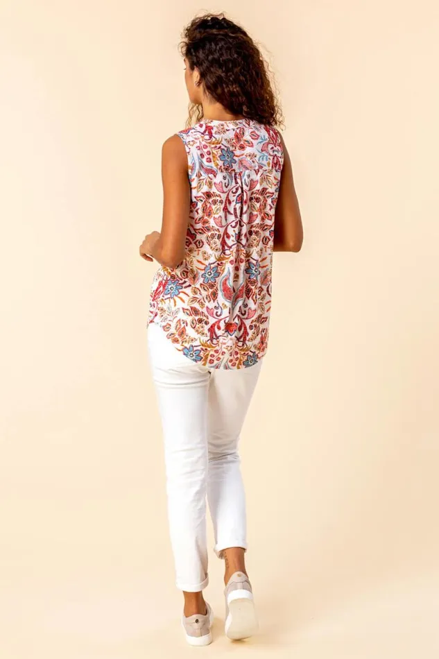 Red Paisley Floral Print Sleeveless Top Women Roman Tops