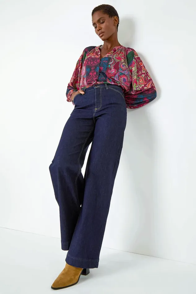 Red Patchwork Print VNeck Stretch Jersey Shirt Women Roman Tops