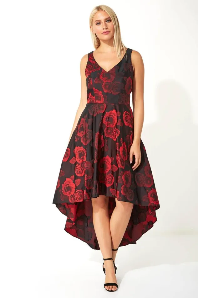 Red Rose Print Dipped Hem Dress Women Roman Dresses