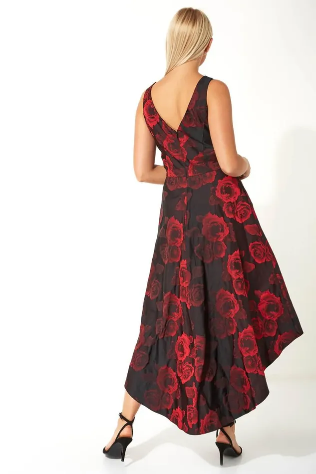Red Rose Print Dipped Hem Dress Women Roman Dresses