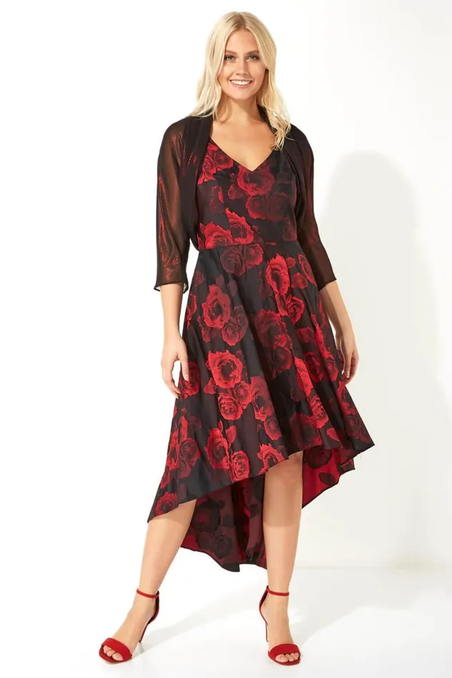 Red Rose Print Dipped Hem Dress Women Roman Dresses
