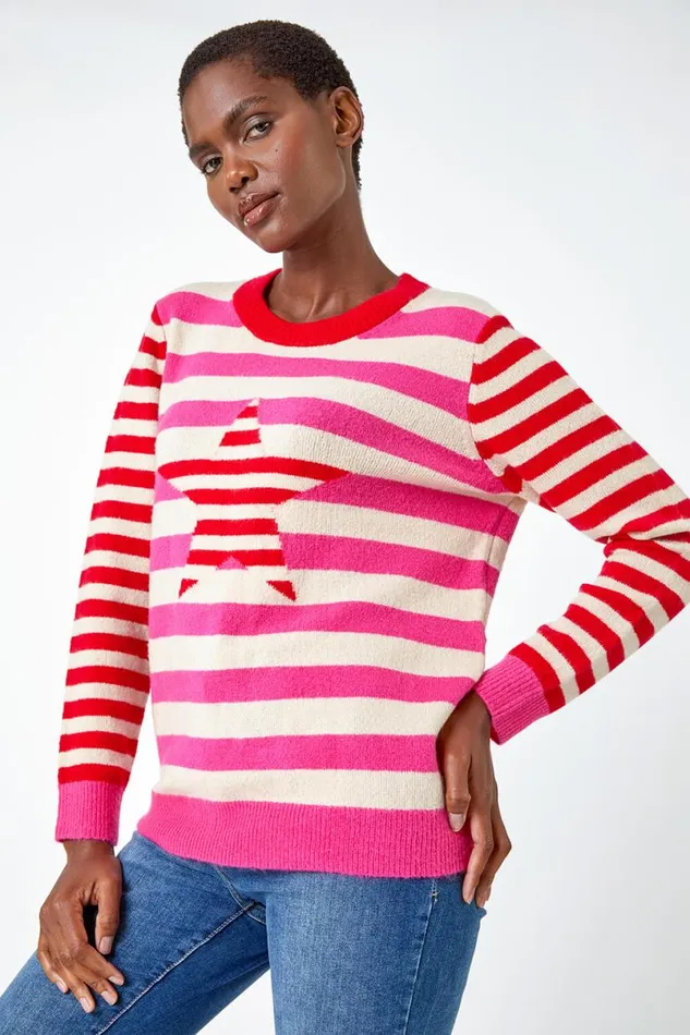 Red Stripe Star Print Stretch Jumper Women Roman Knitwear