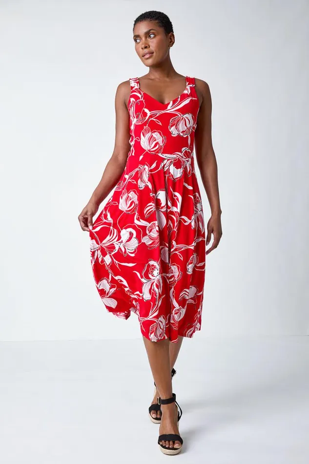 Red Textured Floral Print Midi Stretch Dress Women Roman Dresses